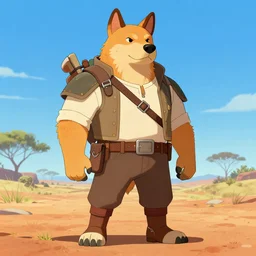 stylized three quarters portrait concept art of the burly surly mercenary anthro anthropomorphic dingo dog head animal person fursona wearing clothes adventurer standing in australia outback, hidari, color page, tankoban, 4 k, tone mapping, akihiko yoshida, clean bright happy