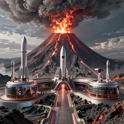 Highly realistic arch-viz render of concept art for an ultra-modern Bond villain\'s lair with rockets and laser turrets built into an active volcano