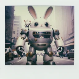 epic pose!!! giant oversized battle rabbit robot chubby mech retro sport delorean double decker with giant oversized ears and rabbit babies, in busy city, full body, cinematic focus, polaroid photo, vintage, neutral dull colors, soft lights, foggy mist, by oleg oprisco, by thomas peschak, by discovery channel, by victor enrich, by gregory crewdson