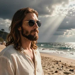 synthwave jesus at the beach in sunglasses