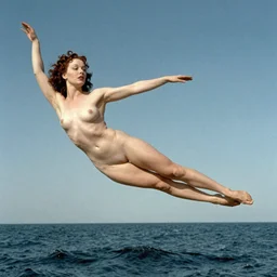 Marlene Dietrich levitating over the sea. El Greco, Remedios Varo, Salvador Dali, Carl Gustav Carus, John Atkinson Grimshaw. Blue tint. Symetrical, logo, geometric shapes.