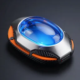futuristic device made of brushed metal, glowing blue glass, black carbon fiber, orange panels, highly detailed product photo