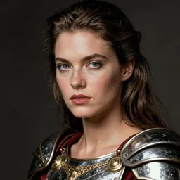 close - up portrait of beautiful model dressed gladiator with metallic armor, art by robert mapplethorpe