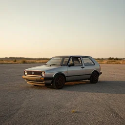 a lonely rusty silver 1985 VW Golf in a vacant gravel lot, wide angle, golden hour, panorama, detailed digital art