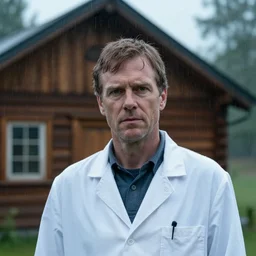 a cinematic headshot portrait of a scientist, stood outside a wooden cabin, raining, detailed, depth of field, movie still, dramatic lighting, by krenz cushart