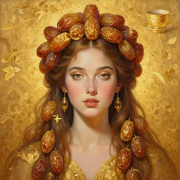 epic painting, full figure portrait of beautiful goddess with with golden sweet dried dates fruits, medjool dates, dried dates crown,, golden tea leaves background, teacup, golden glow background, drawing, photography by amy leibowitz, wlop, jeremy lipkin, beeple, intricate golden fractals, brown hair, symmetrical front portrait, artgerm