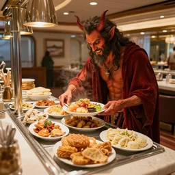 the biblical incarnation of the devil filling plates of food from the buffet on a cruise liner