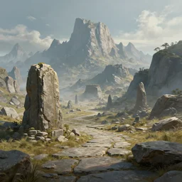 The stone landscape with mountains in the background, Sci-Fi  fantasy wallpaper, painted, 4k, high detail, sharp focus