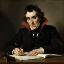 franz schubert composing his new masterpiece, but he is a vampire and he's showing his long fangs, a very detailed oil painting, by josef kriehuber, classical oil painting, fine artstyle, from louvre, highly detailed, sharp foxus