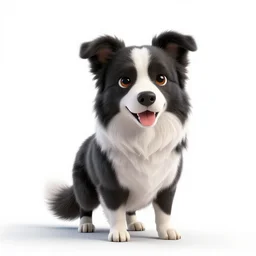 chibi border collie, stylized pixar-style 3d render, full body, isolated on a pure white background, centered, entire subject in frame, sharp focus, soft studio lighting