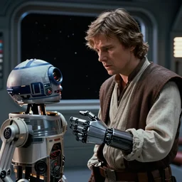 cinematic still image screenshot portrait luke skywalker stares down at his cybernetic hand, while he is talking to a lonely medical droid, from the tv show on disney + anamorphic lens, photo 3 5 mm film kodak from empire strikes back crisp 4 k imax, moody iconic scene, a window frame into space behind them