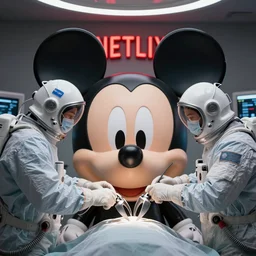 grainy futuristic mechanic surgeons with astronaut helmets on their heads operating claw on huge mickey mouse doll head red netflix neon office sign in background, in private care surgery wing, beeple!!!!!!, minimal, dystopian movie still