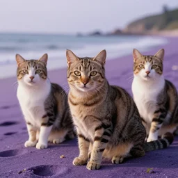cats on a purple beach, 4k resolution, 8k resolution, Detailed, Very Detailed, Highly Detailed, Extremely Detailed, Intricate Details, Real, kodak gold 200,