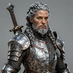 female dwarven fighter with grey braided hairstyle and beard and wrinkled skin wearing platemail armor by rossdraws