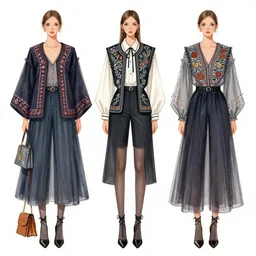 fashion illustrations with embroidered accents and accessories