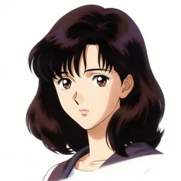 angled headshot portrait of misato katsuragi from nge by norman rockwell. shoulderlength wavy hair. trendy 1 9 9 0 s attire. ro 3. evangelion episode screenshot. digital. trending on artstation. masterpiece. contributions by mangakas hideaki anno, sakimichan, masamune shirow, naoki urasawa, hiromu arakawa.