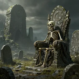 a skeleton kind sitting on his throne in a graveyard overlooking giant ancient tombstones on the side of a mountain, digital concept art, photorealism, 4 k, trending on artstation, surrealism, rendered in octane, dramatic lighting, by h. r giger, elden ring boss