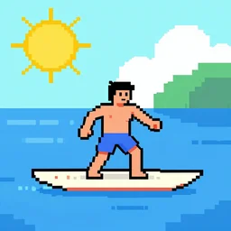 one surfer on a surfboard. sun and sea. colorful. pixelart.