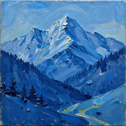 thick impasto relief painting, in rich glossy oil paint of a beautiful italian blue mountain scene, claire tabouret