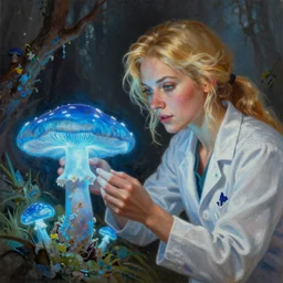 A mixed media portrait painting of a beautiful blonde biologist woman, examining a giant blue glowing mushroom in a mire, detailed Aesthetic! face and eyes, slavic, by Beeple, Frank Frazetta, Greg Rutkowski, Christian MacNevin, Boris Vallejo, epic fantasy character art, high fantasy, CGsociety, exquisite detail, post-processing, masterpiece, cinematic