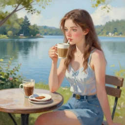 meredith burgess enjoying coffee near crystal maiden, wearing summer clothing, near a beautiful lake. pixiv, masterpiece, wlop, oil painting, ranked on artstation