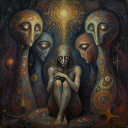 painful abstract surrealist forms by yvonne mcgillivray by android jones and wayne barlowe, powerful eyes glowing highly detailed painting of deep sadness alone, spiritual abstract forms, expressive emotional sadness, symmetrical, trending on art station, abstract in emotional sadness expression, very very very beautiful, fantasy digital art, highly detailed patterned visionary art, magic symbols