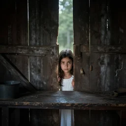 eddie mendoza. composition : medium shot. style : digital art ; detailed ; dreamlike ; 4 k. scenery : the inside of a dark barn ; a faint ray of light is shining through a crack in the planks. subject : a 2 5 years old woman ; dark hair ; wearing a white dress ; amber eyes. action : the woman is hiding behind a workbench.