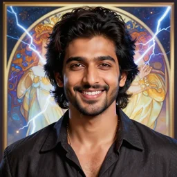 centralized close up portrait, friendly smiling avan jogia prince mage, abstract thunder and lightning background, alphonse mucha, rhads, ross tran, artstation, artgerm, octane render, 1 6 k