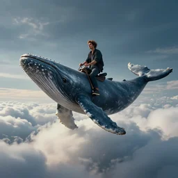 Man riding whale while on top of clouds , dramatic lighting, cinematic, establishing shot, high detail, cinematic lighting, post processed, 8k, concept art, artstation, matte painting, in the style of eddie mendoza, raphael lacoste, alex ross
