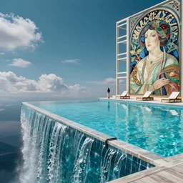 minimalistic, hyperrealistic surrealism, award winning masterpiece with incredible details, infinity pool, a surreal vaporwave liminal space, highly detailed, trending on ArtStation, artgerm and greg rutkowski and alphonse mucha, daily deviation, IAMAG