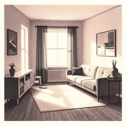 views of a home interior, detailed, editorial illustration, realistic gradient shading,, texture, risograph, dynamic pose, matte print, grainy light, ( ( dither ) ), screen print