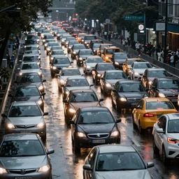professional photograph of a massive traffic jam in the rain, reflective streets, bokeh, award winning, unsplash,
