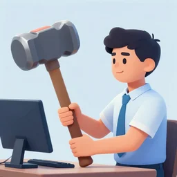 a discord moderator holding a big hammer and looking at a screen
