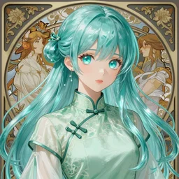adult girl with long aqua glass hair, aqua glass eyes, a small pigtail on the left side, chinese dress, chinese style, anime style, hyper detailed, light green dress, illustration, digital painting, art by artgerm and greg rutkowski and alphonse mucha, high delicate defined details, anime stylized, highly detailed, realistic, sharp focus, aqua glass