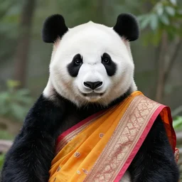 an animal Panda wearing traditional indian saree, sony a7, photo realistic, 8k