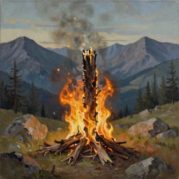 A painting of a burning bush in mountainous terrain