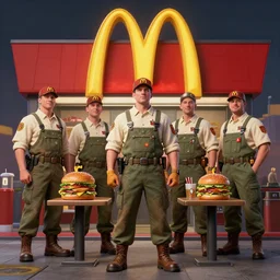 army of mcdonald's workers, concept art by noah bradley, darek zabrocki, tyler edlin, jordan grimmer, neil blevins, james paick, natasha tan, highly detailed, ultra detailed, ultra realistic, trending on artstation