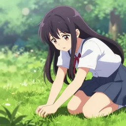 3 d photo of an anime girl with long hair kneeling down, reaching down to touch grass, bokeh, shader, anime art style, highly detailed, cel - shaded, colorful, animated, trending
