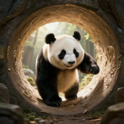a panda entering the wormhole, stunning, surrounding cinematic light, hyper detailed, ornate and intricate, 4 k cinematic octane render