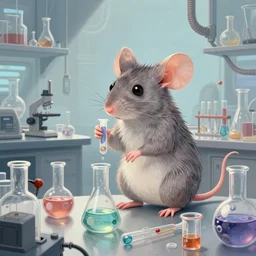 anthropomorphic mouse performing a chemistry experiment, in a cluttered lab, lots of beakers, illustration, cyberpunk, sci - fi fantasy, intricate, elegant, highly detailed, digital painting, pastel colors, artstation, concept art