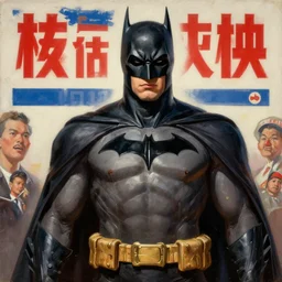 Realistic Batman at a 1950's Korean comunist party propaganda , beautiful digital art, cinematic composition, detailed, concept art, Matt painting, oil painting, high res, norman rockwell artwork style,