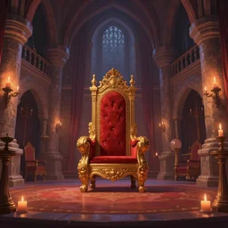 a gaudy throne room interior in a stone castle, painting by Craig Mullins, octane rendering, dark candle lighting, wide angle lens, low view, in the style of Pixar animation, trending on artstation,