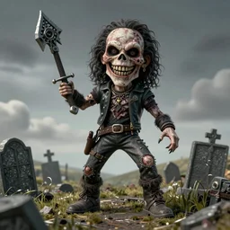 a clear detailed dslr photo of Eddie the Head from Iron Maiden standing on a graveyard hilltop with a maniacal grin on his withered corpse-like face, brandishing a weapon in glee,