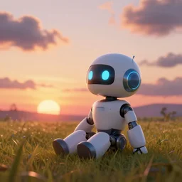 cute robot sitting in a field enjoying a sunset while the clouds move, cinematic, in the style of a pixar movie, style artstation, style greg rutkowsk, octane render, unreal engine 6, epic game graphics, fantasy, cyberpunk, conceptual art, ray tracing