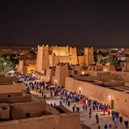 in the middle of a adobe house kasbah town, mud and brick houses, merchant street, pueblo architecture, colorful crowd, festival. Scenic view at night, underexposed, clean horizon, matte painting by craig mullins and Anato_Finnstark, concept art trending on artstation, 4k, intricate details