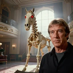 photorealistic close up shot cinematography of a steve mcqueen acting in a twilight zone episode about a photoreal h. r. giger designed horse skeleton sculpture with glowing red eyes shot on film at magic hour with the sun shining into a large 6 0's hotel lobby room filled with volumetric haze by the shining cinematographer john alcott on a cooke panchro 6 5 mm macro lens.