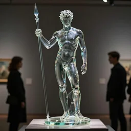 a statue of a beautiful young fit man made of transparent glass, on a pedestal, wielding a spear, by philippe starck and victoria hagan, cinematic lighting, detailed digital photography by rutkovski and beksinski, masterpiece, gorgeous, 4 k