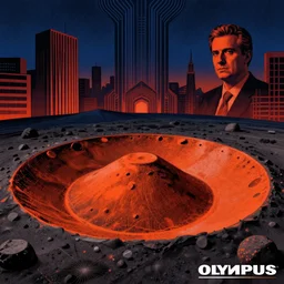 olympus mons, mads berg, karolis strautniekas, film noir, stippled light, dramatic lighting, editorial illustration, detailed, fine texture, matte print, art deco, brutalism, dark blue + dark orange, red, black, ( ( habitat 6 7 background ) )