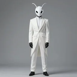 full body portrait of a character in futuristic sleek clothes, white tailcoat, wearing a white insectoid mask with many lenses for eyes, dramatic lighting, illustration by Greg rutkowski, yoji shinkawa, 4k, digital art, concept art, trending on artstation