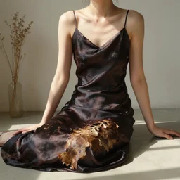 woman dark silk dress sitting with sunlit dried caked bleached